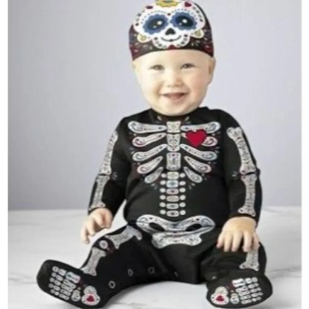 Infants Sugar Skull Skeleton Jumpsuit Cap Halloween Costume 0-6 Months Black NEW